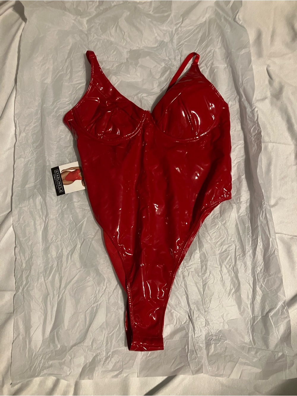 Red Patent One-Piece Swimsuit with Underwire Support